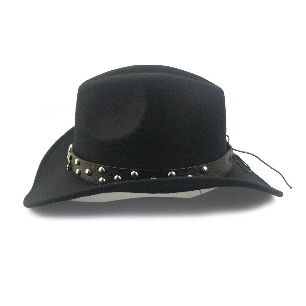 Black Western Skull Cowboy, Cowgirl Hat, Skull Strap, Men Women Retro Wide Brim