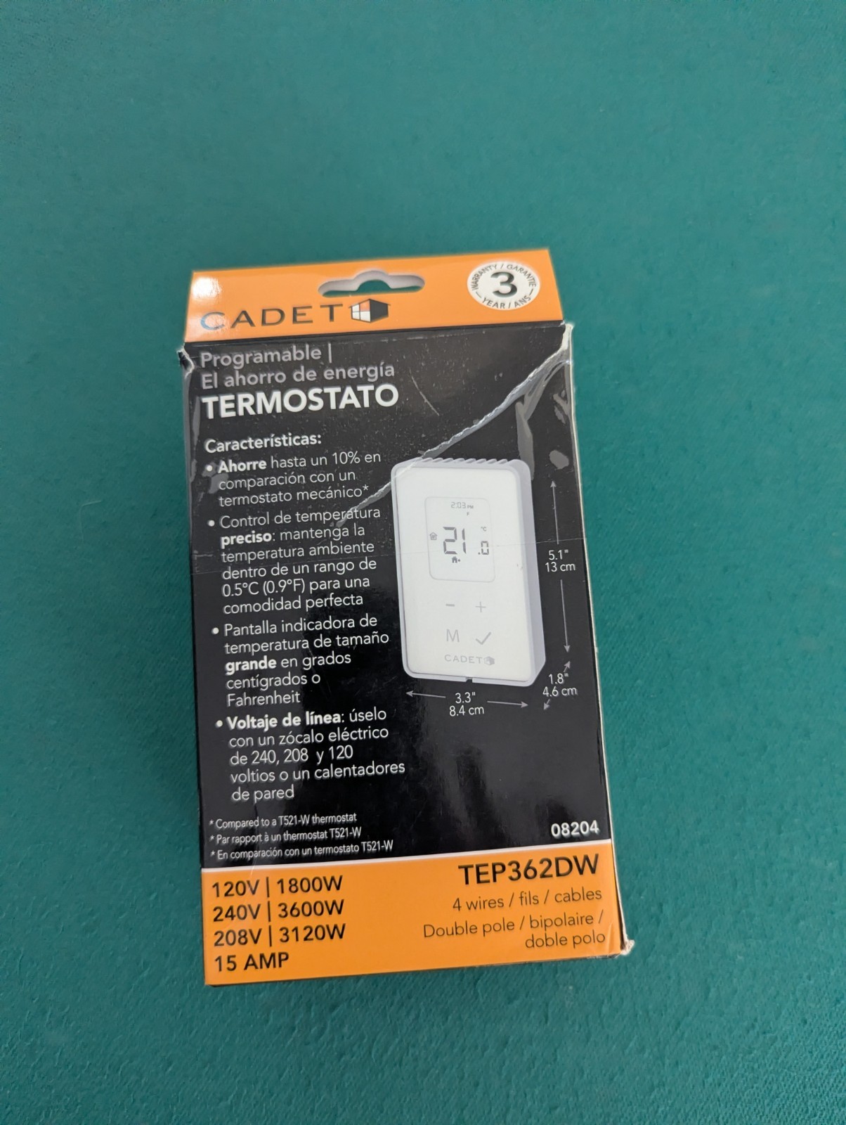 Cadet - Programmable Electronic Thermostat - White, 3600W, USED