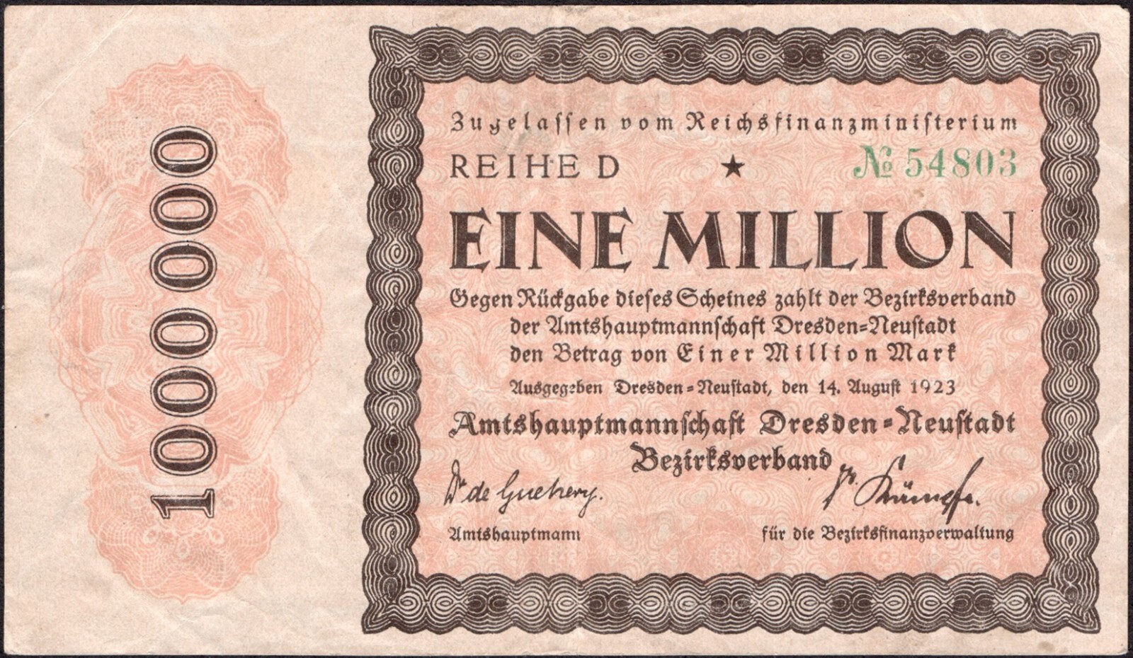 1 Million Mark 1923 - Dresden=Neustadt -Series: D 54803 - VF - #C68