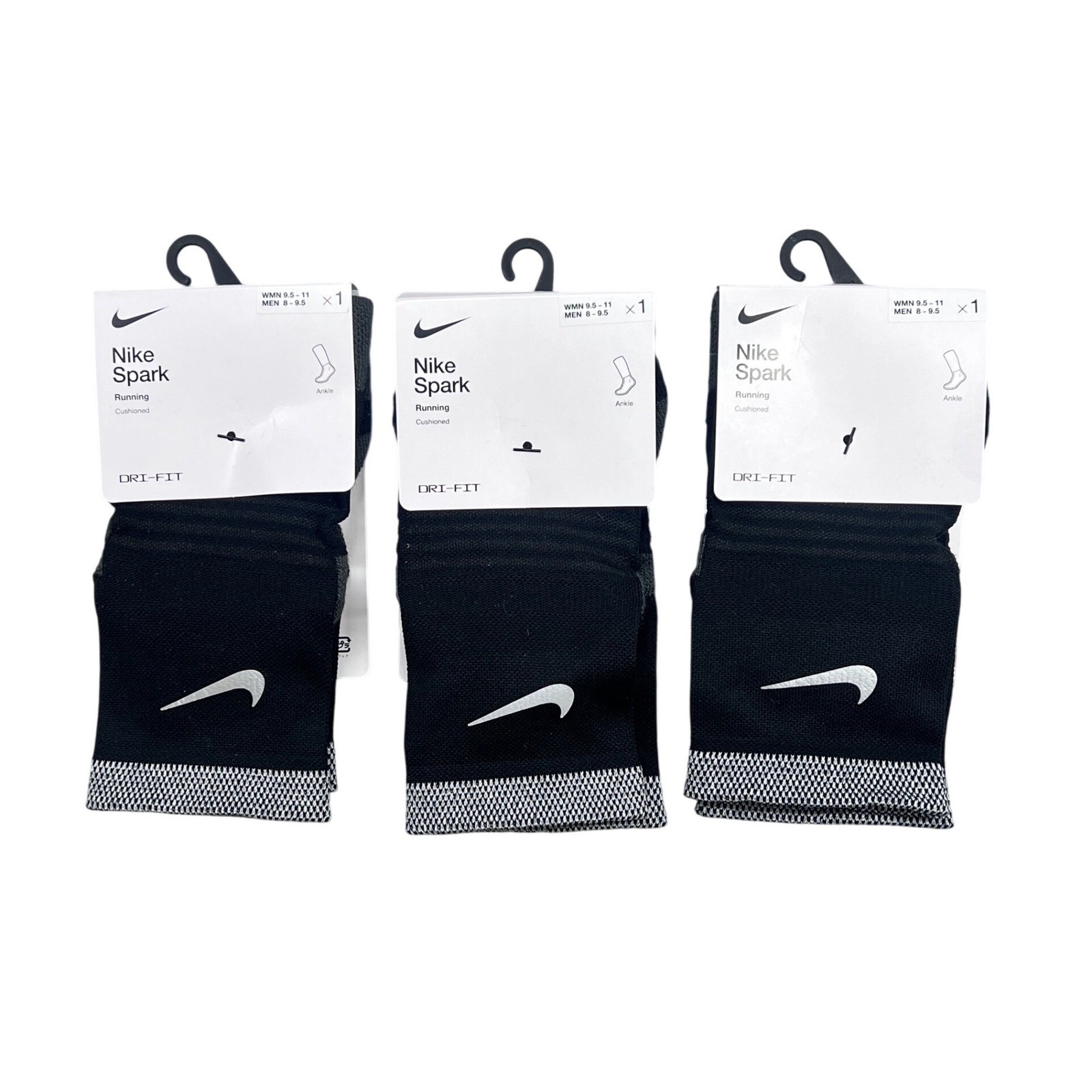 Lot 3 Nike Spark Running Ankle Socks Black Cushioned Dri-FIT M 8-9.5 W 9.5-11