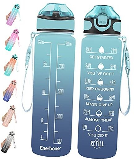 32 OZ Water Bottle with Times to Drink and Straw, Leakproof BPA & Green-Blue