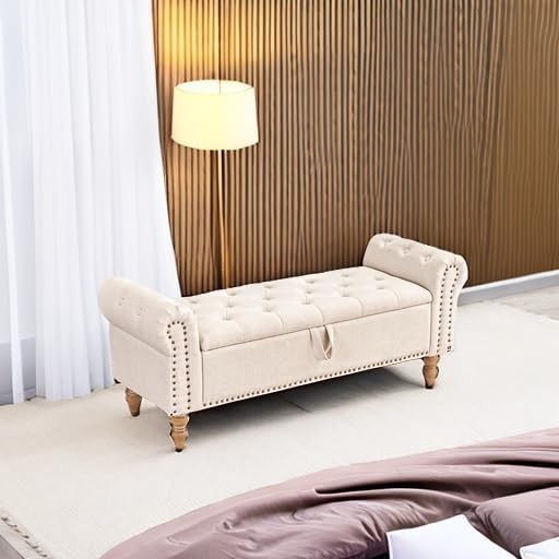 51” Storage Benches,with Upholstered Storage Ottoman Linen Window Bench