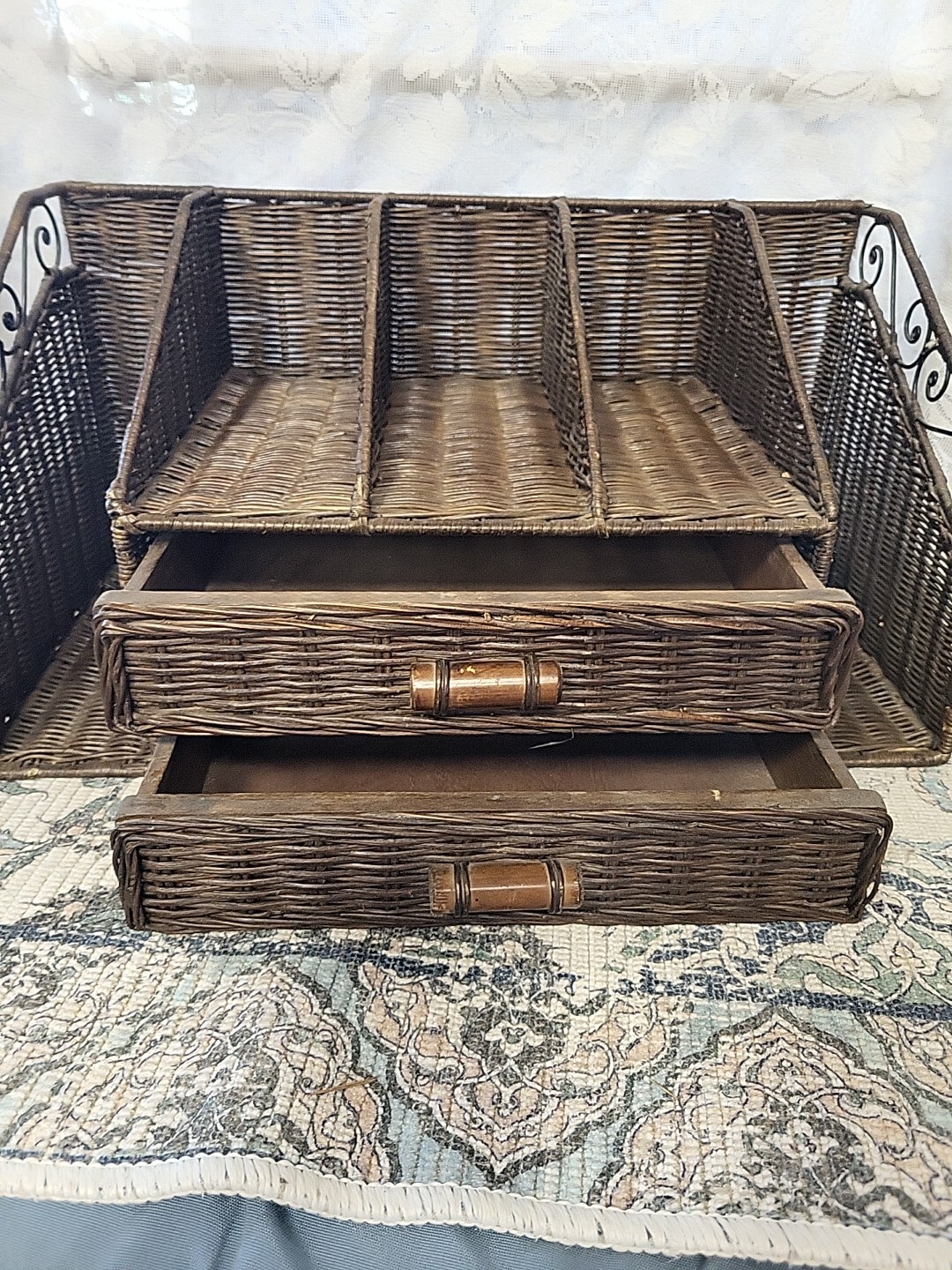 Beautiful Brown Wicker & Wood Desk Organizer Caddy
