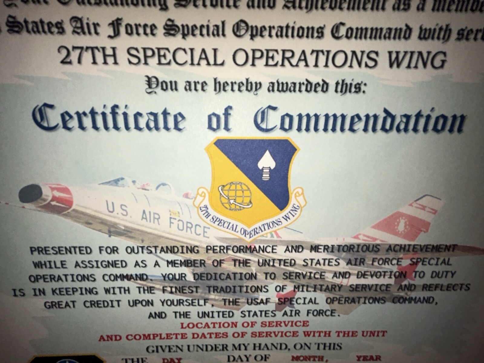 U.S.A.F. / 27TH SPECIAL OPERATIONS WING - CERTIFICATE OF COMMENDATION