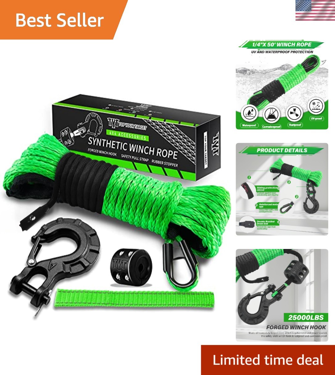 Dynamic Winch Rope Kit - 1/4'' x 50' Synthetic, Rubber Stopper & Safety Features
