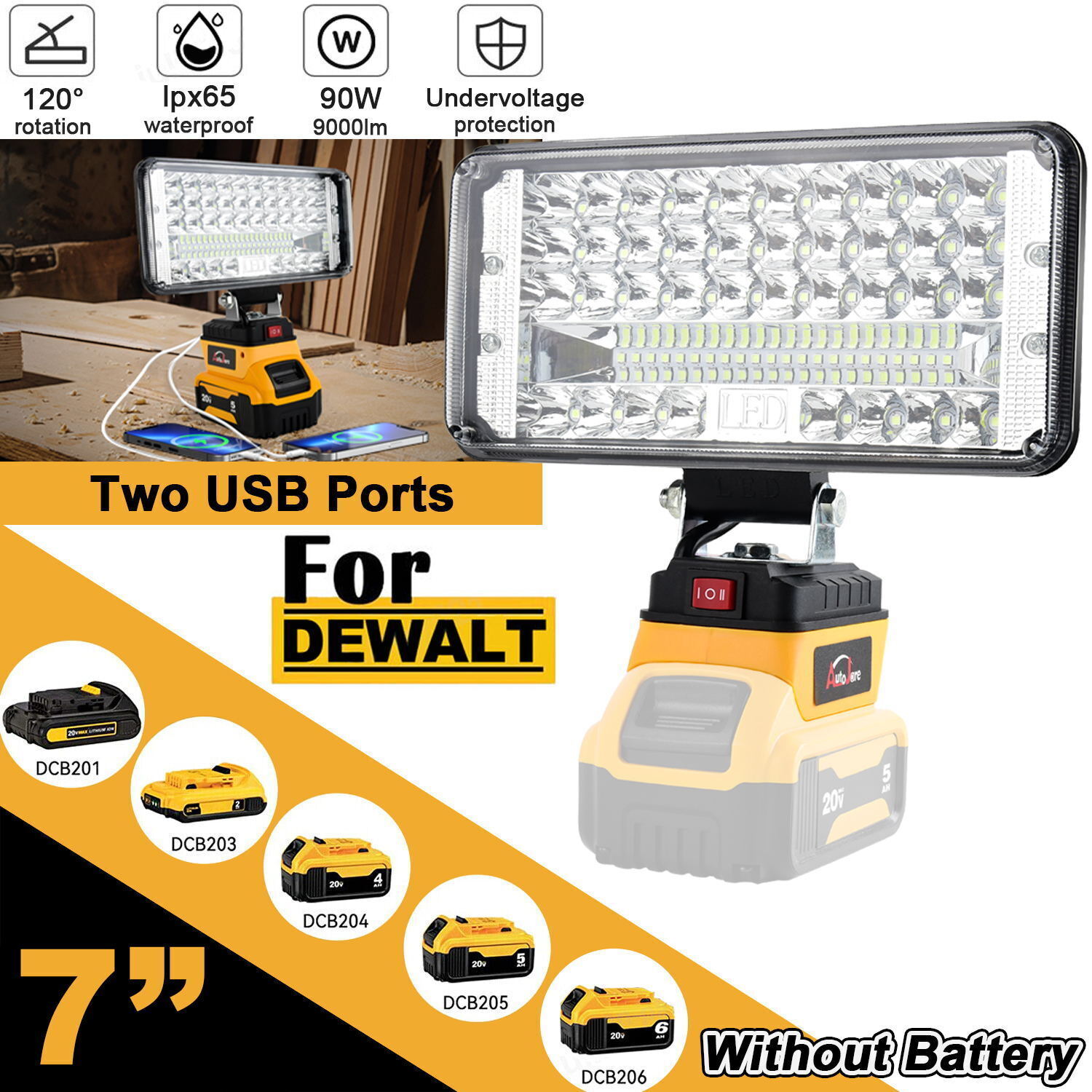 Cordless Led Work Light For De walt 20V Battery, Portable Flood Light Flashlight