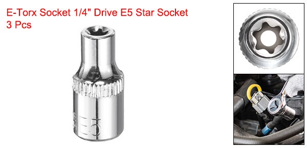 3pcs E-Torx Socket 1/4" Drive E5 Star Socket 1" Length 6 Point Spline Sleeve,