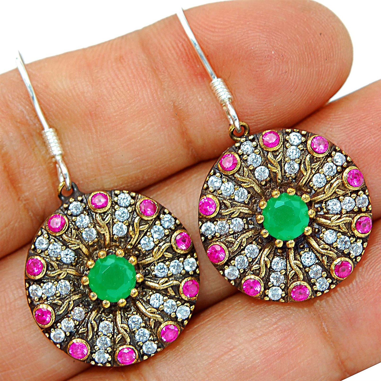 Ottoman Empire Style 8CT Treated Emerald 925 Sterling Silver Earrings TB1671