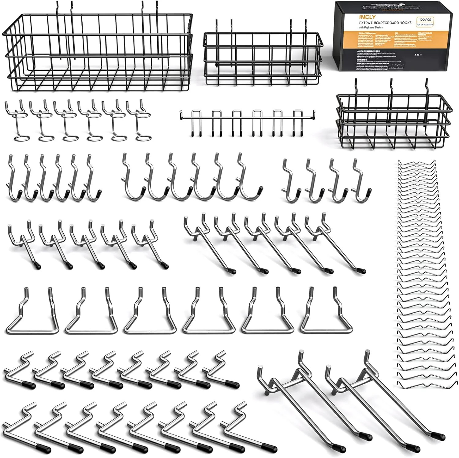 INCLY 1/4" Extra Thick Pegboard Accessories Kit, 100PCS Heavy Duty Metal Peg Boa