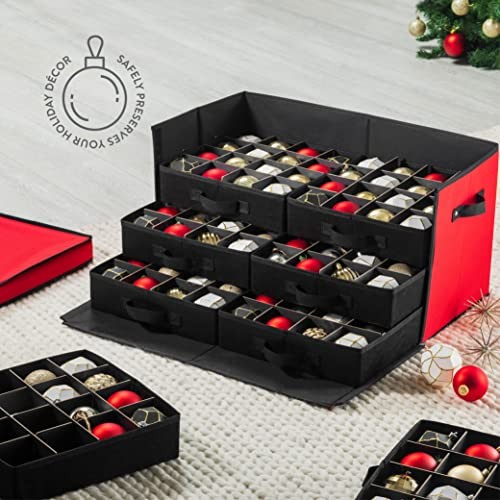 Premium Large Christmas Ornament storage Box, with Side Open, 128 count Red