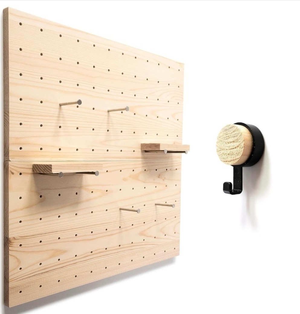 Wooden Pegboard Wall Organizer w/ Shelves Hooks Natural Wood Workshop Accessory