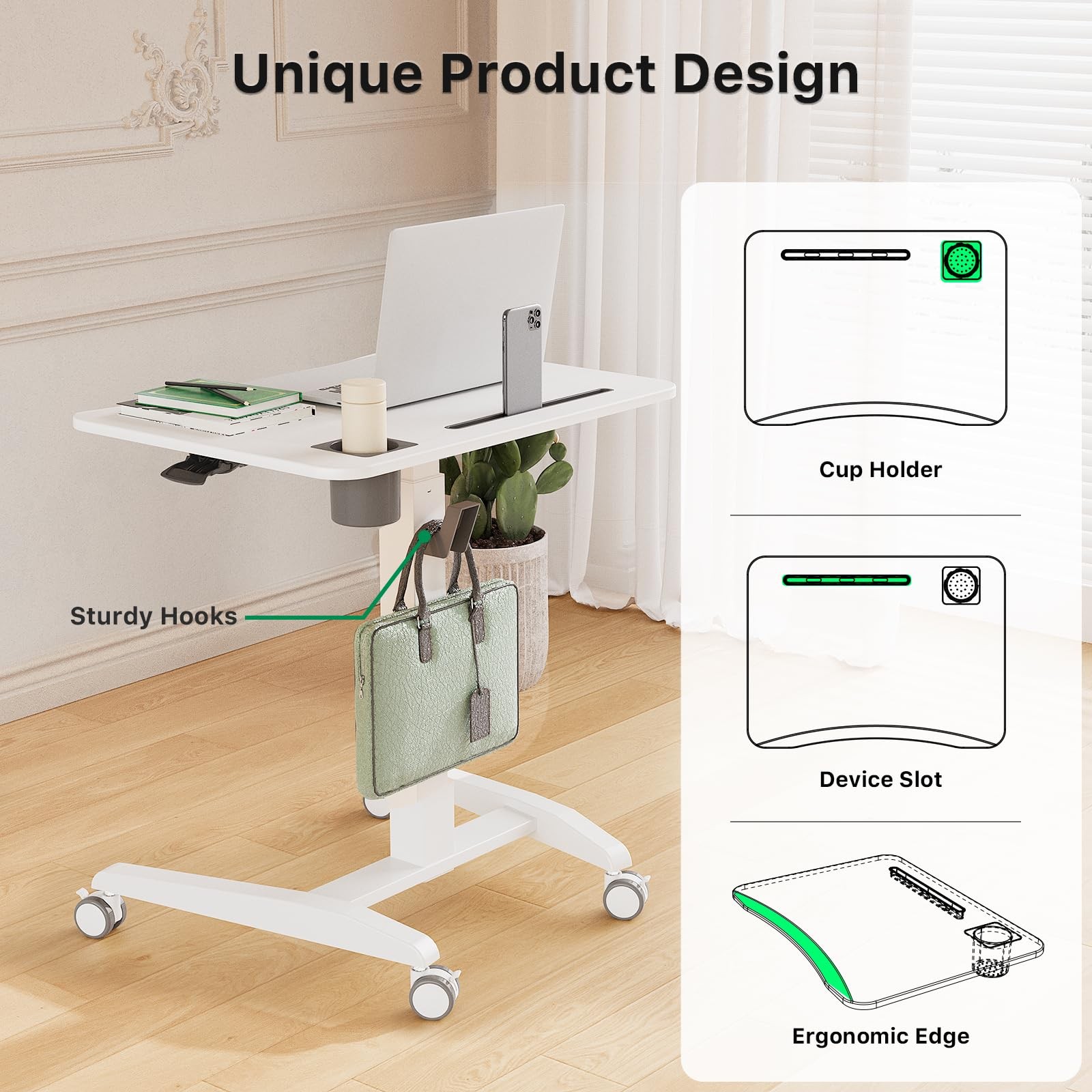 27" Mobile Rolling Standing Desk with Lockable Wheels, White