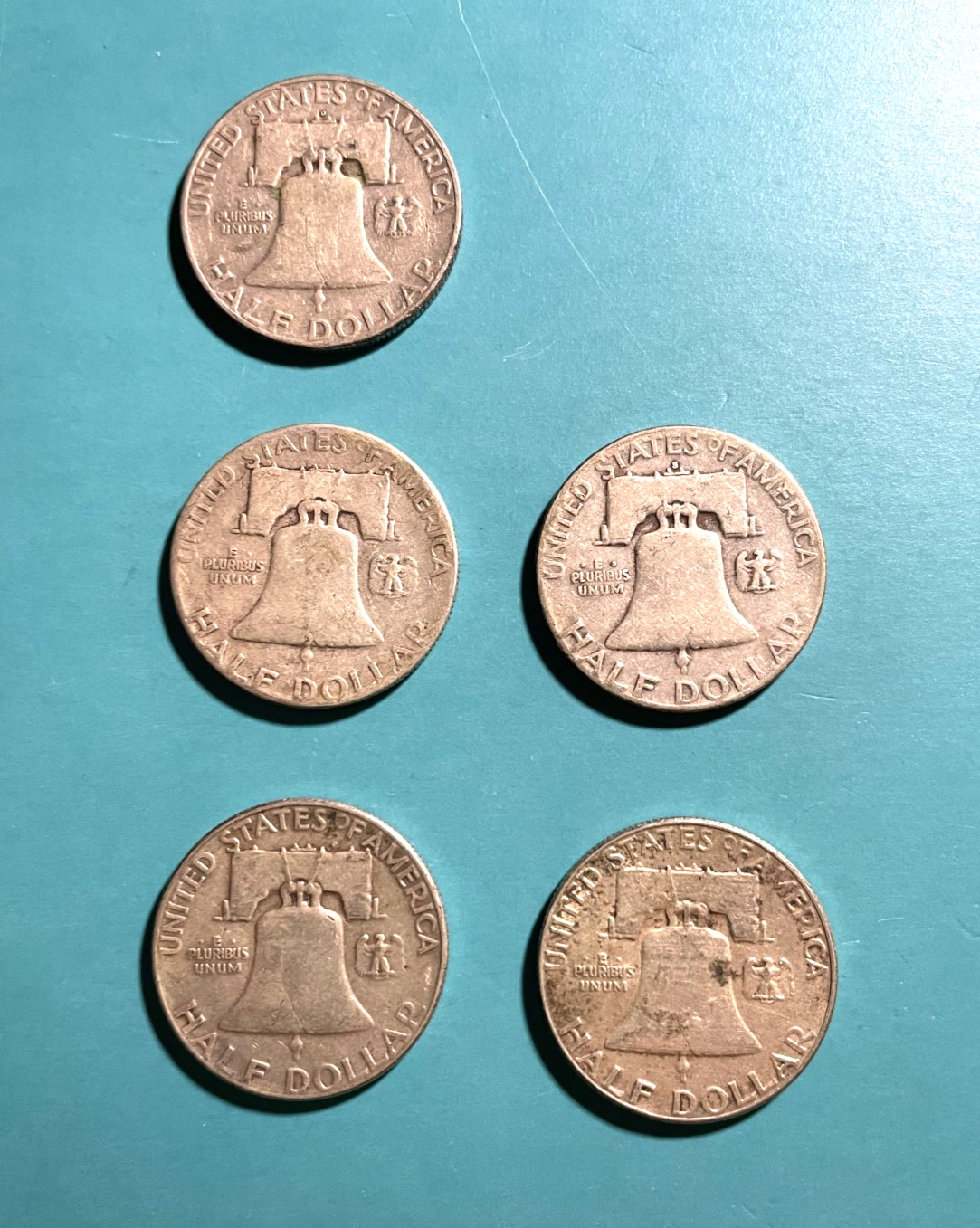 US Coins Five Benjamin Franklin Silver Half Dollars 1950, 1951, 1952