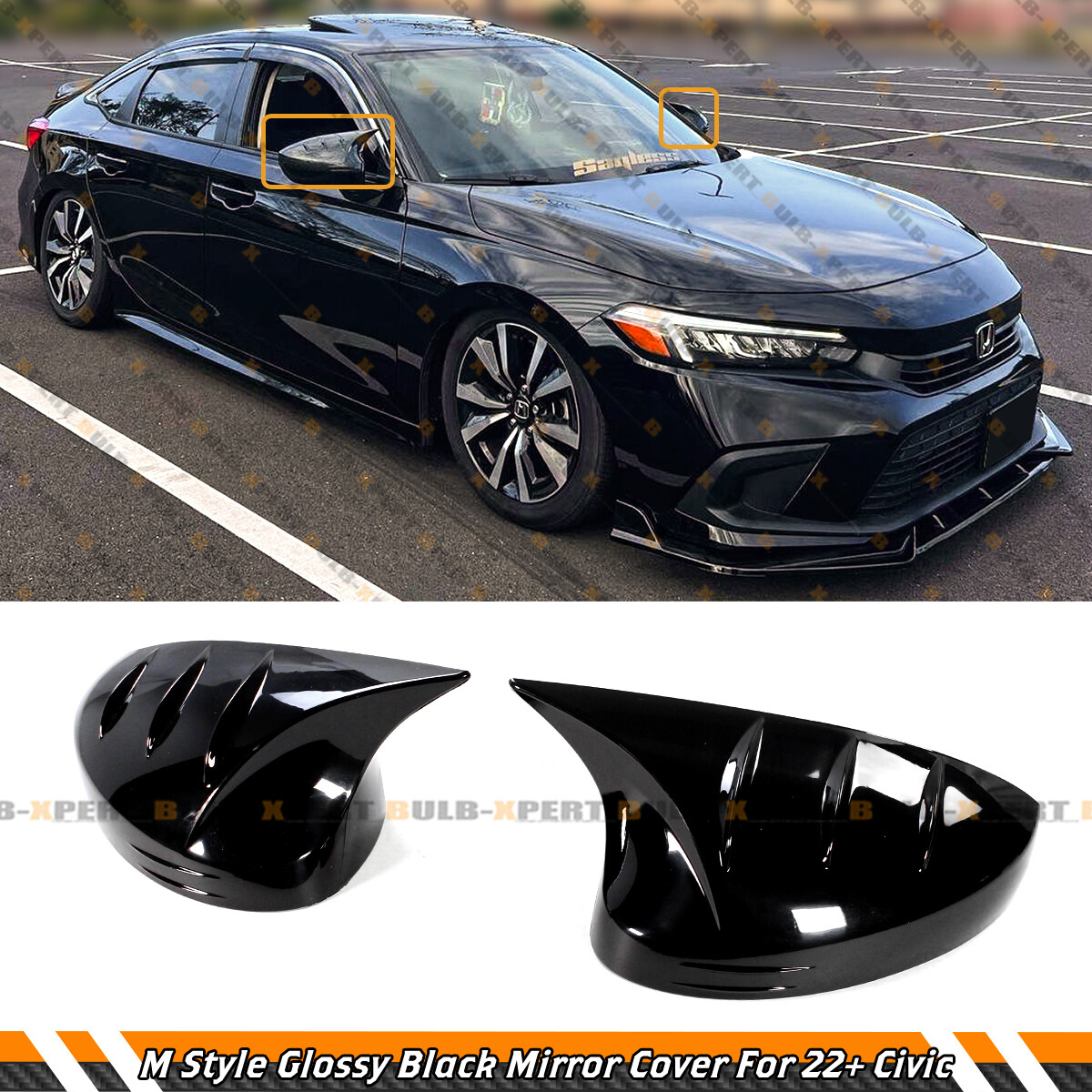 M HORN STYLE GLOSS BLACK ADD-ON SIDE MIRROR COVER CAPS FOR 2022-2026 HONDA CIVIC