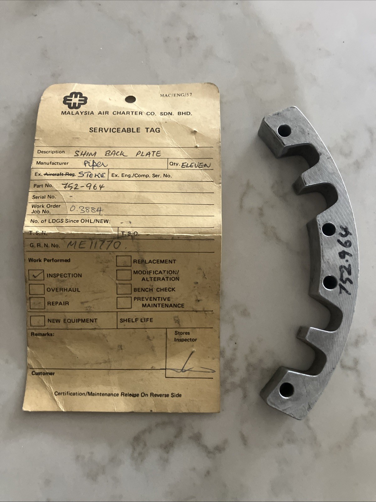 Piper Cleveland Brake Shim, P/N 752-964, 68-6