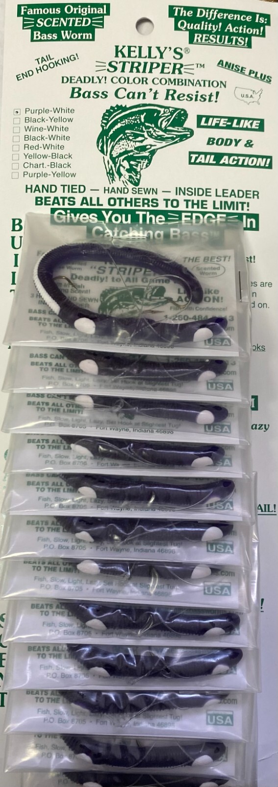 Kelly Striper plastic worm *NEW* Purple/White Stripe *card of 12