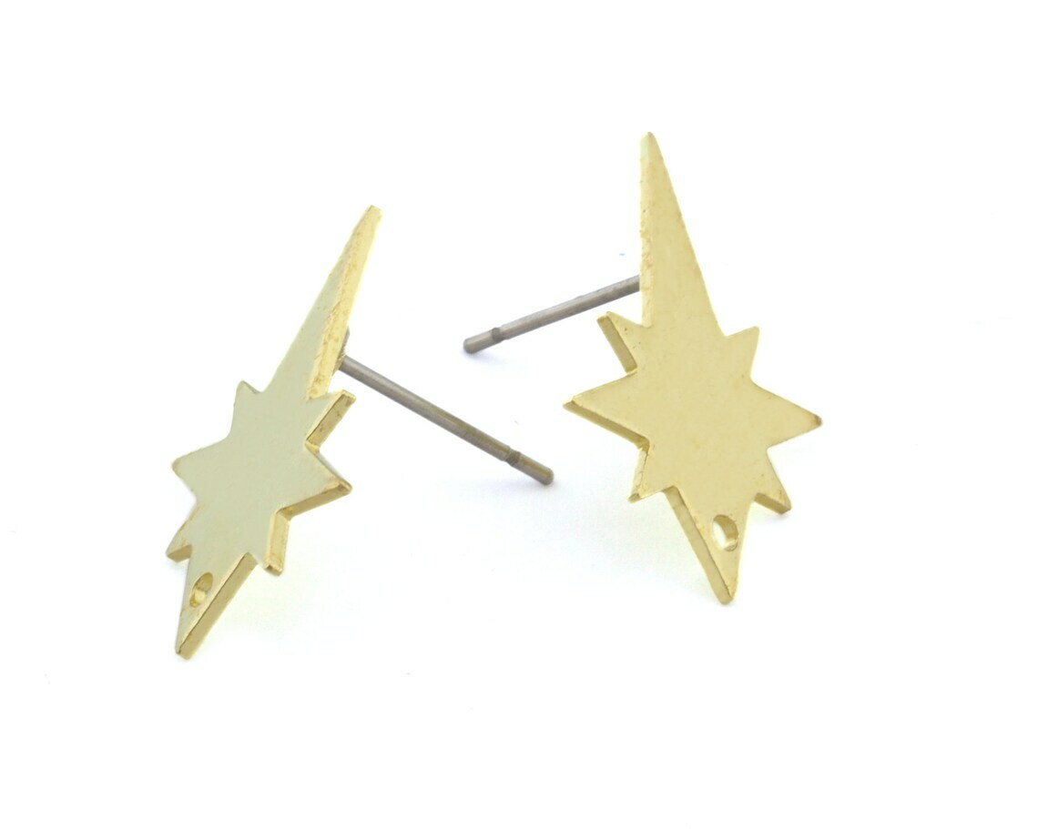 1 pair North star Earring Stud Posts with dangle hole , Raw brass , 20x15mm 4300