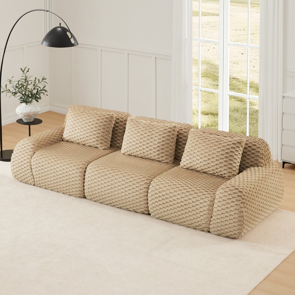 114" Modular Sofa Compressed Couch w/ Flannelette Fabric, 3-Seater, Light Camel