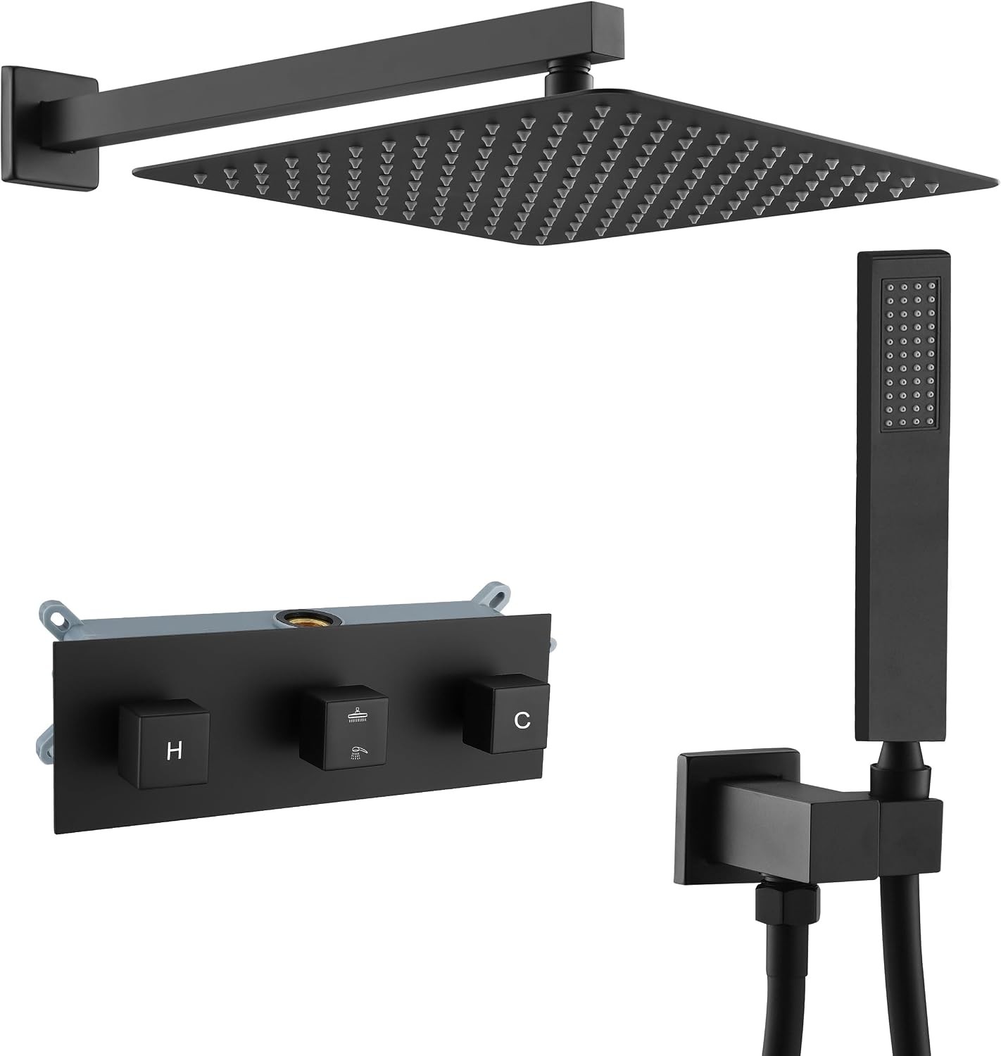 Matte Black Rainfall Shower System with 12 Inch Rainfall Shower Head and Square