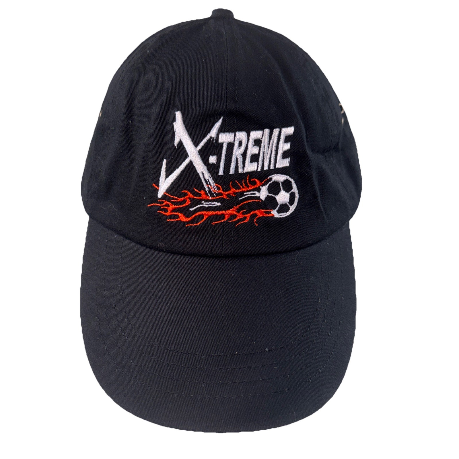 X-TREME in White w Soccer Ball & Orange Flame on Black Metal Vented Hat Cap