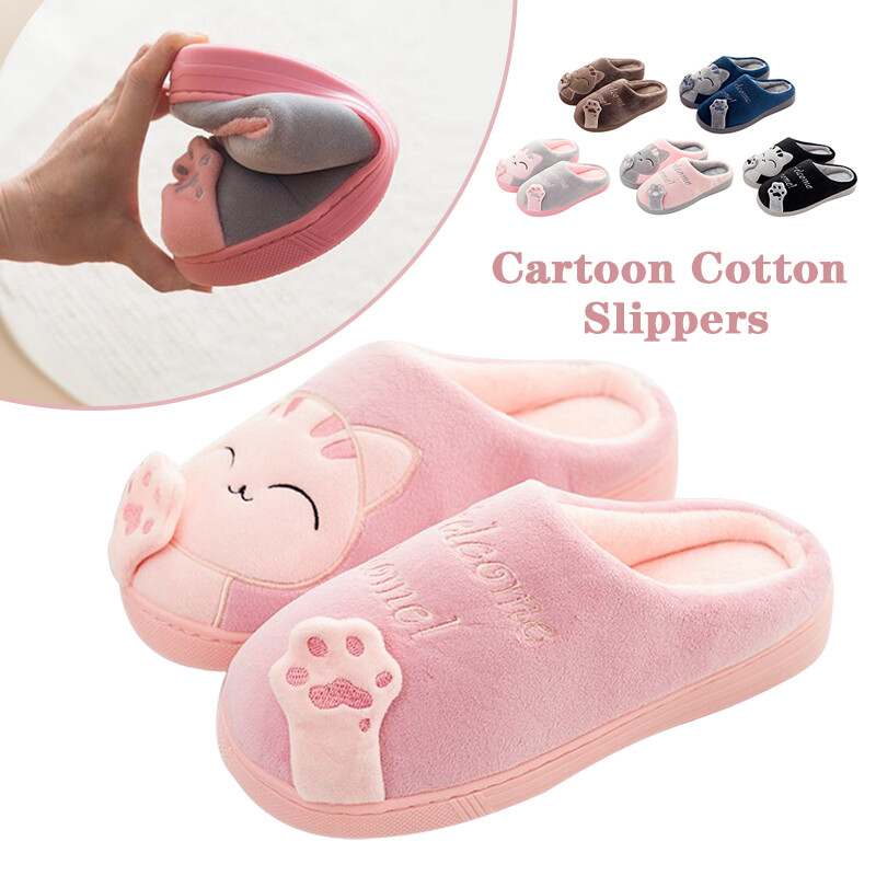 Unisex Cute Cat Plush Slippers Indoor Winter Warm Soft Anti-Slip House Shoes