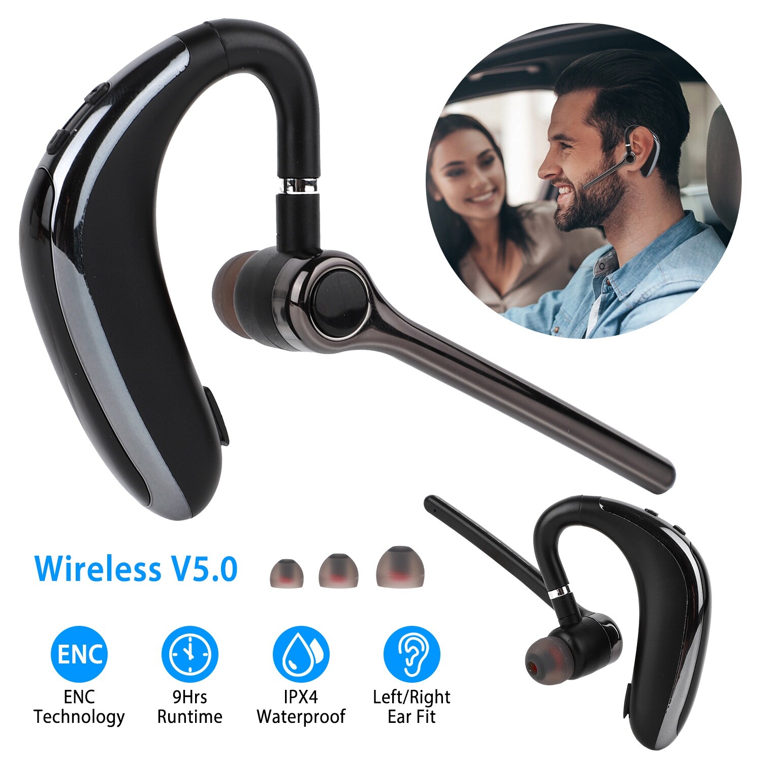Wireless 5.0 Earpiece Noise Cancelling Headset Driving Trucker Earbuds Rotatable