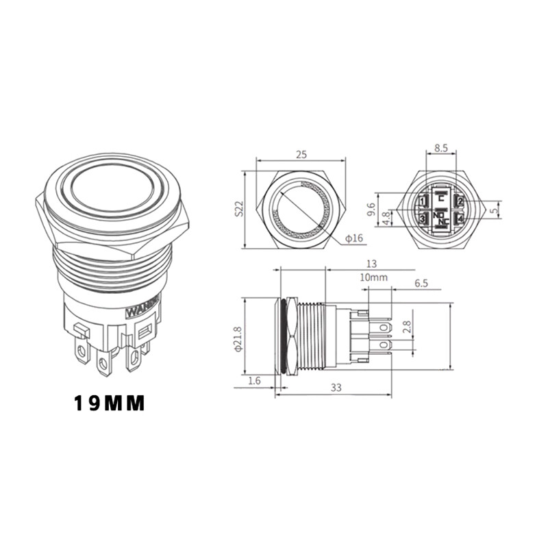 12/16/19/22mm LED Push Button Switch Momentary Latching On/Off Waterproof Metal