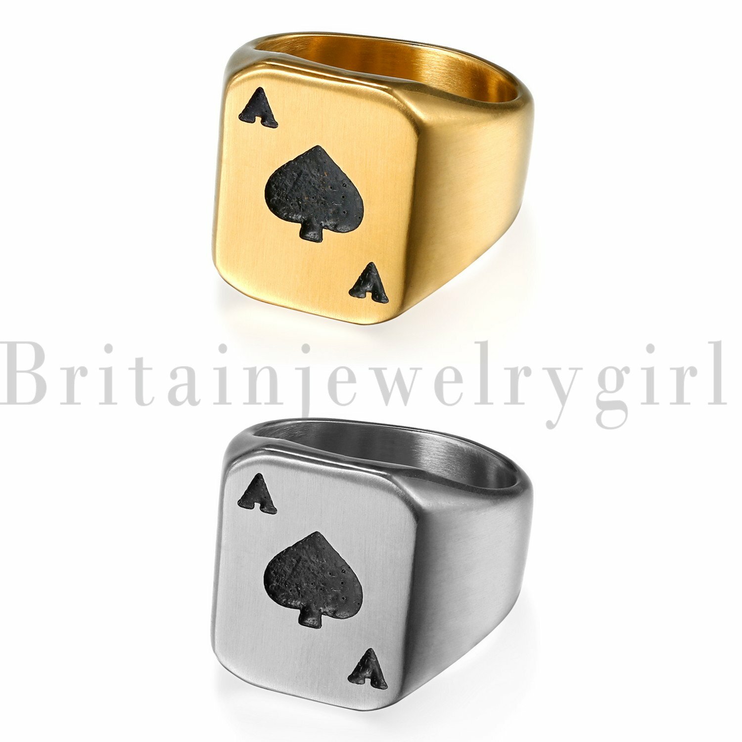Gold Plated Stainless Steel Ace of Spades Poker Ring Mens Wedding Band Size 7-14