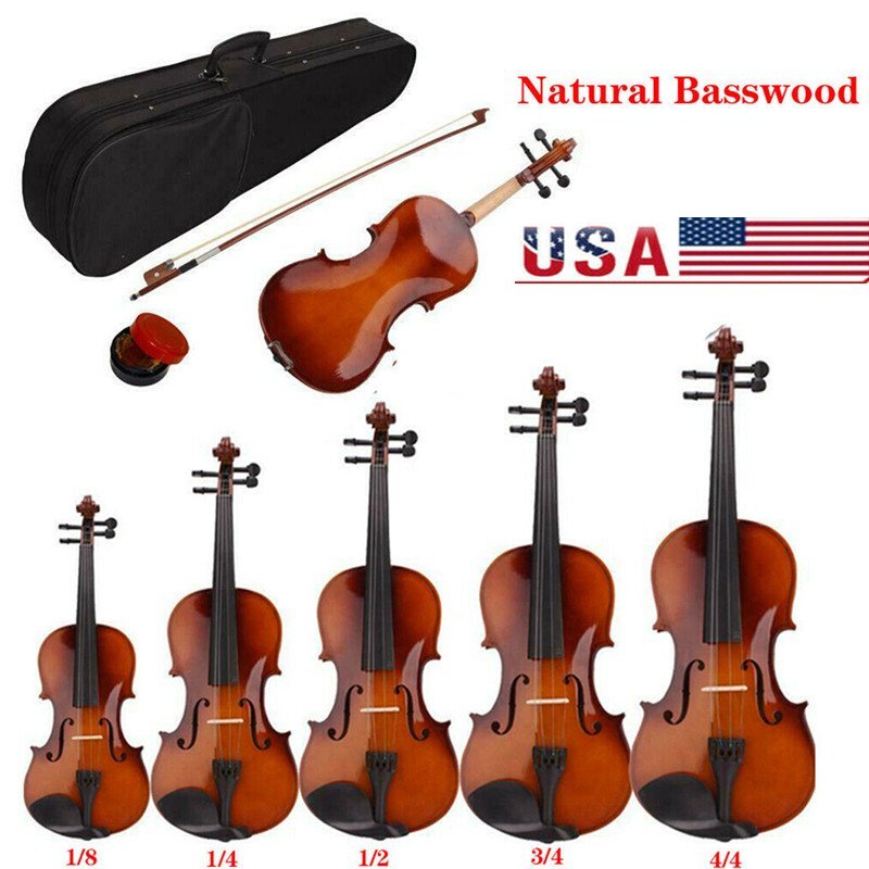 1/2 1/8 1/4 3/4 4/4 Natural Basswood Acoustic Violin Fiddle Set w/Case Bow Rosin