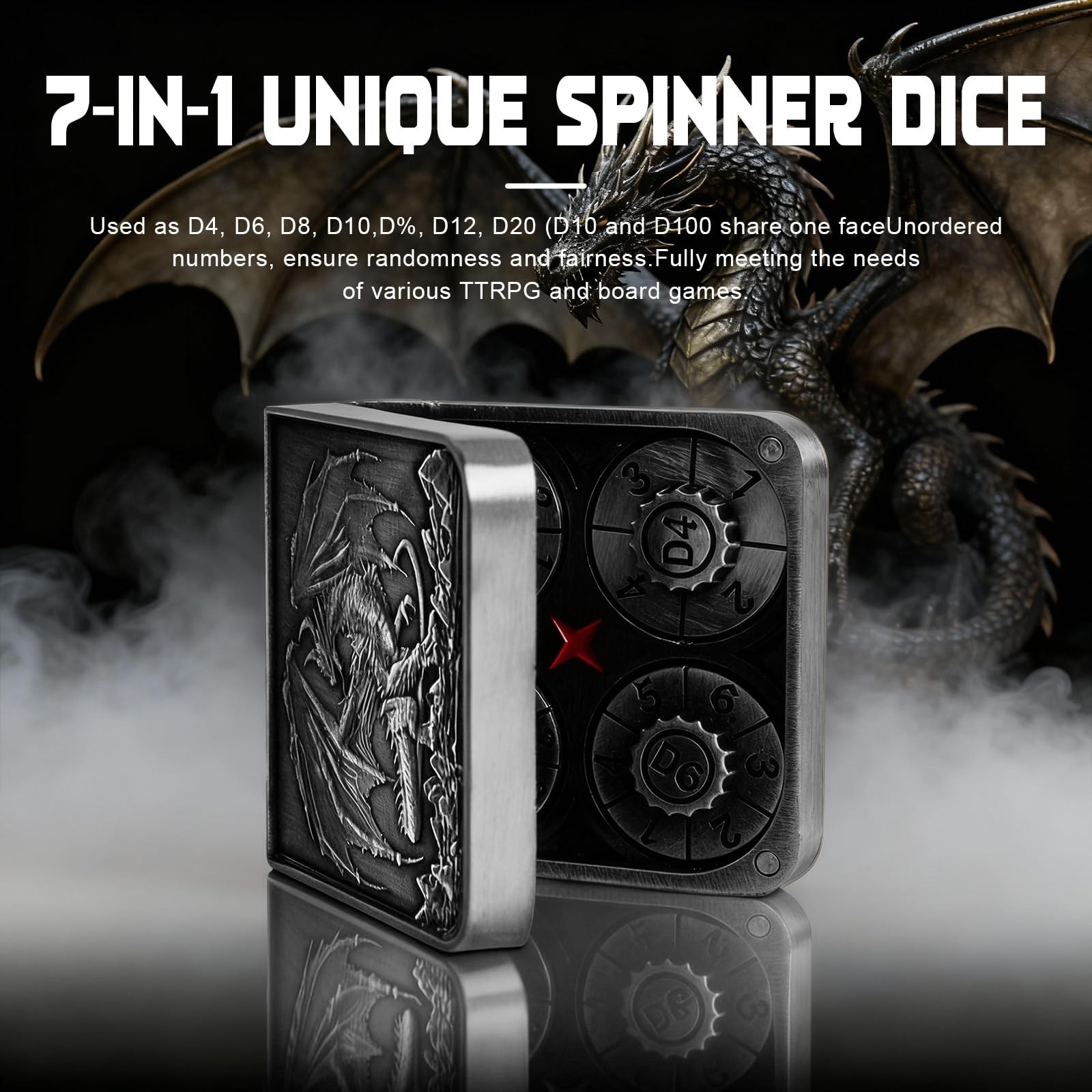 7-in-1 DND Pocket Spinner Dice Set, Foldable Flip Dice with Delicate Dragon Iron