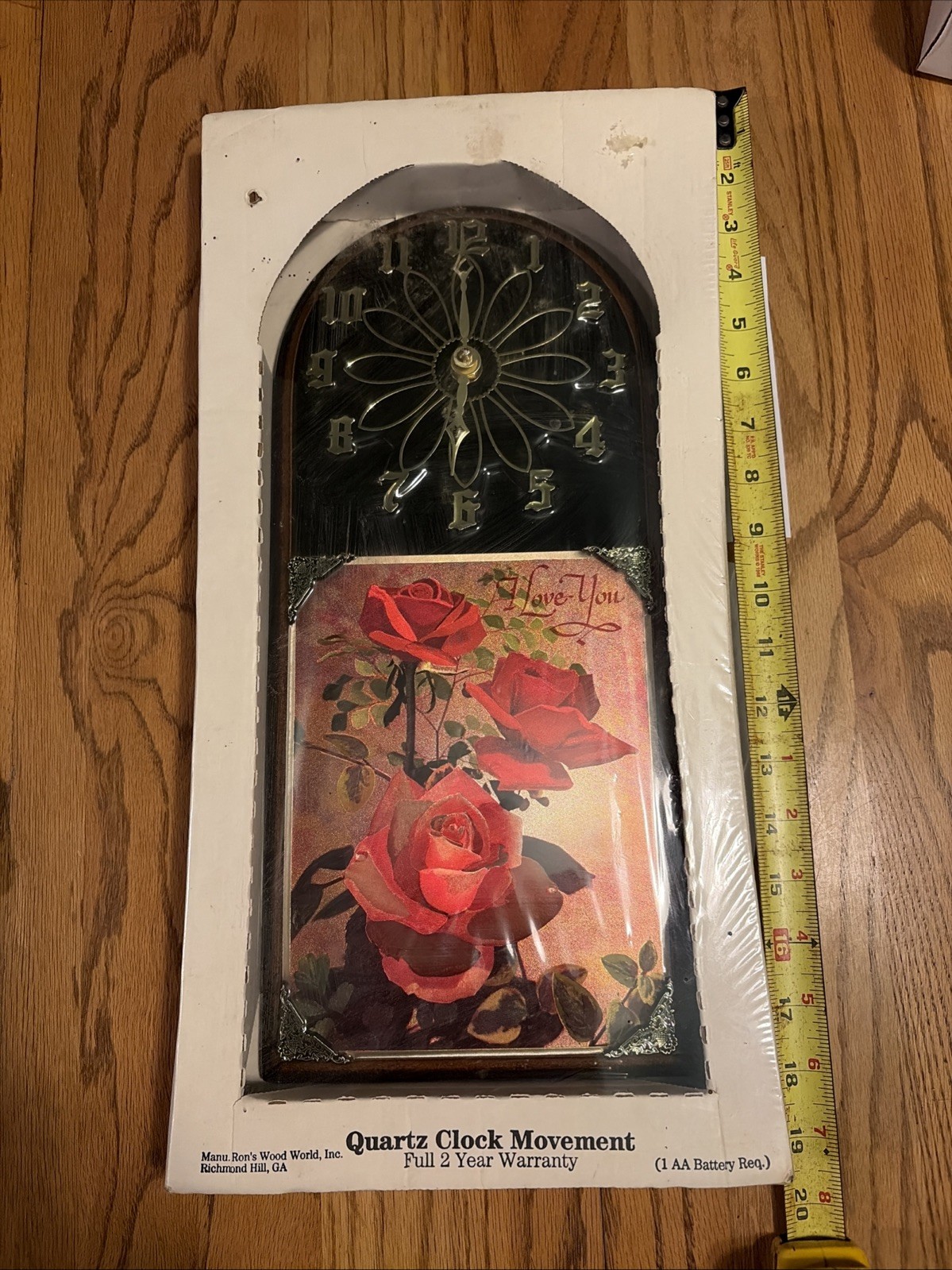 Vintage Manu Ron’s Wood World Inc. Quartz Clock Roses And I Love you Picture