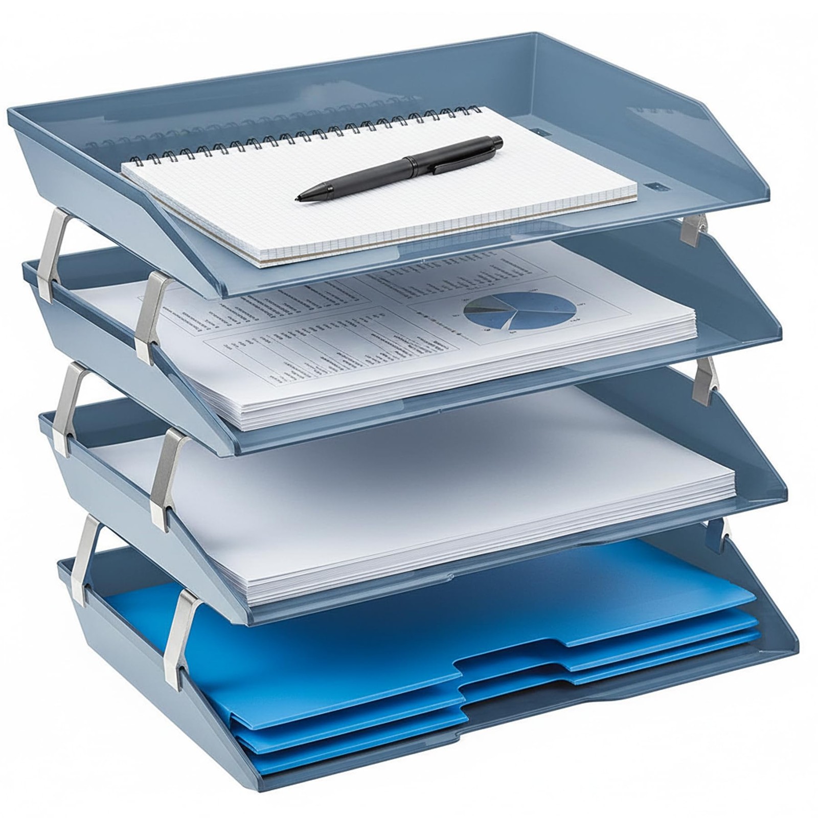 Solid Blue Plastic 4 Tier Side Load Letter Size Desk File Tray Organizer