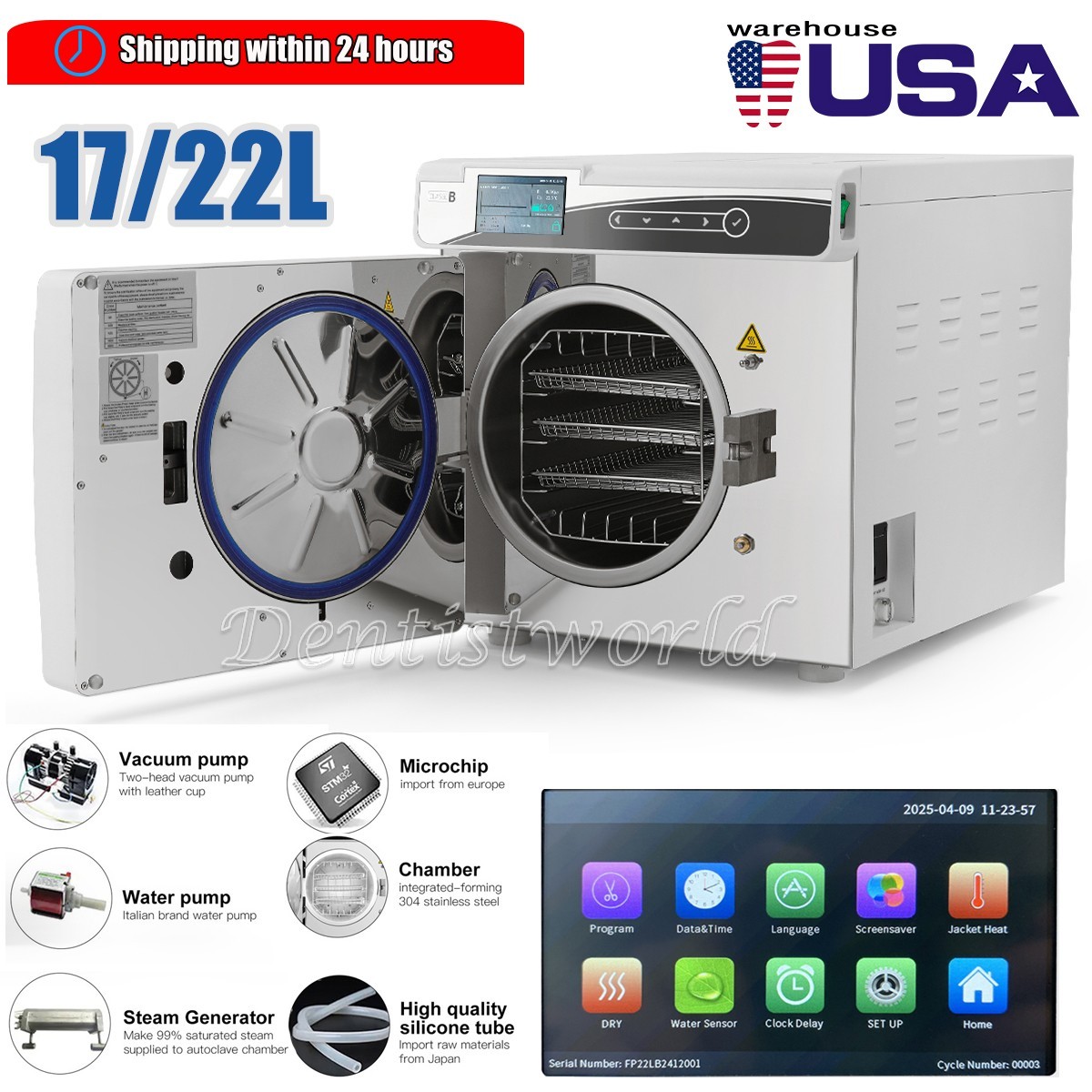 17L/22L Dental Autoclave Steam Sterilization Class B vacuum Sterilizer Printer