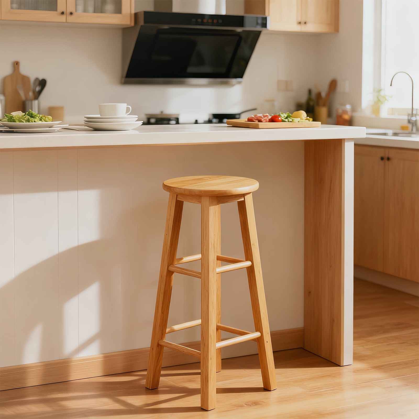 27.5'' Wooden Backless Counter Stool with Round Seat, Natural