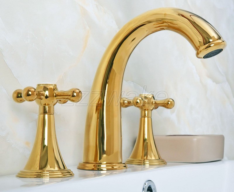 Gold Color Brass Widespread Double Cross Handles Bathroom Basin Faucet zgf021