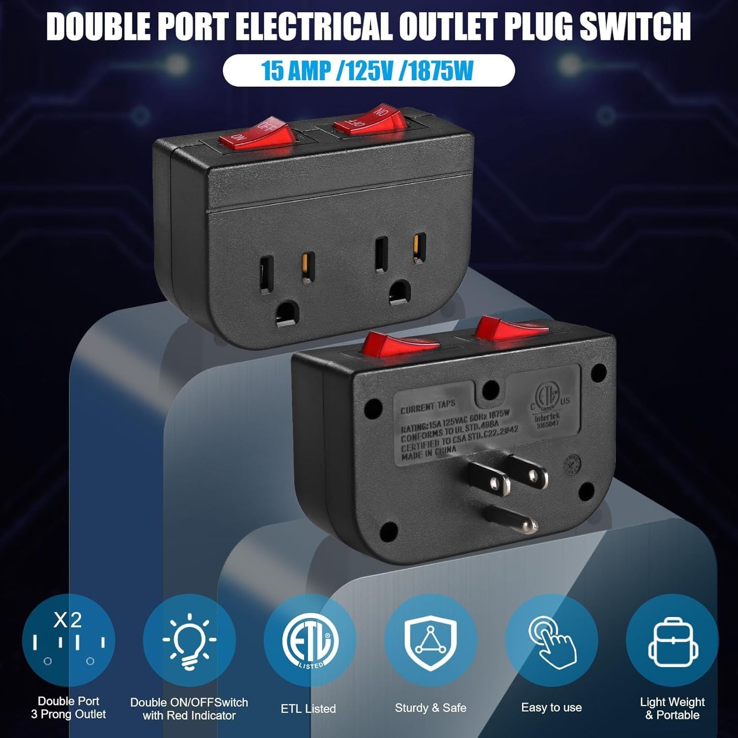 Grounded Outlet with Double on off Switch, 2 Port Electrical Outlet Plug Switch