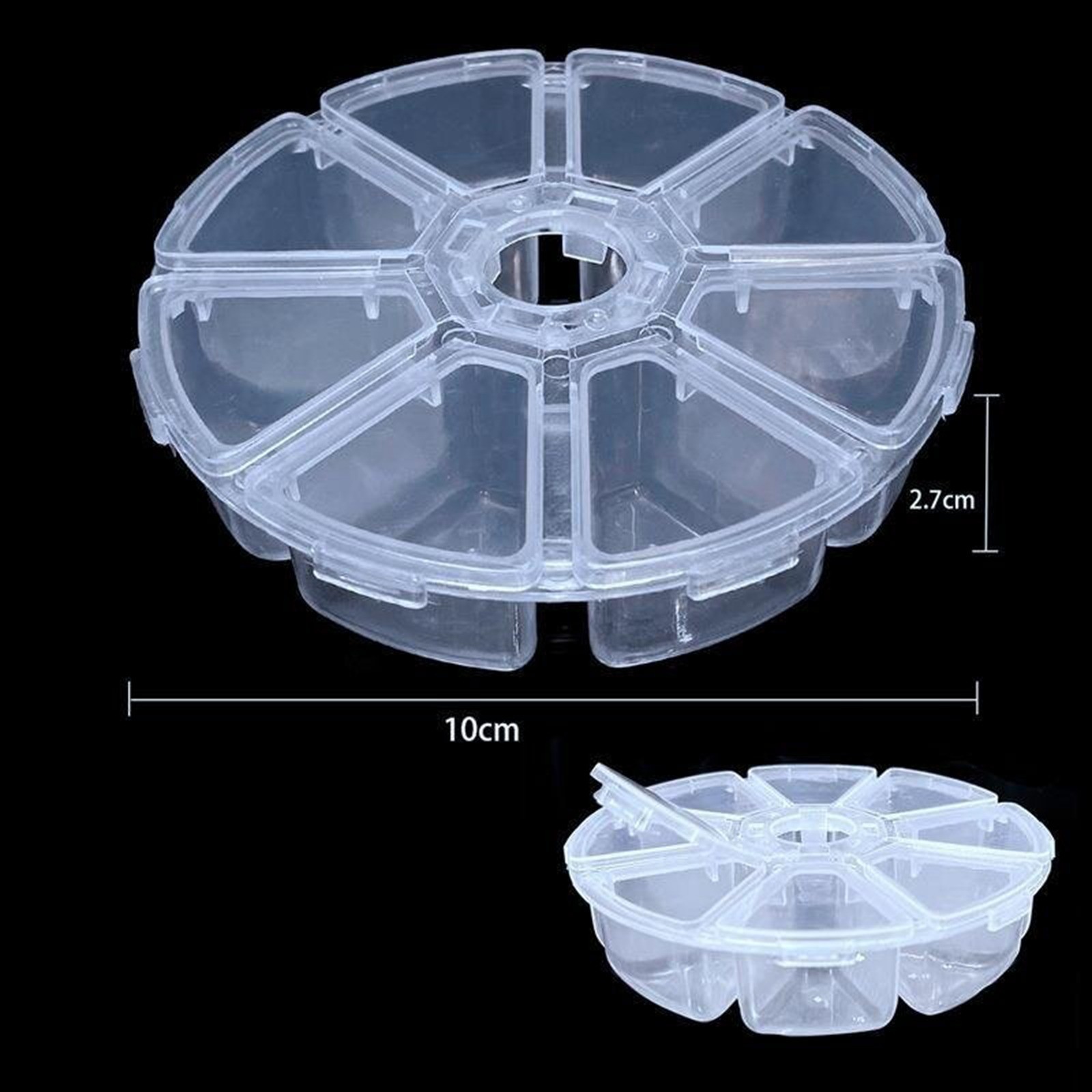2 pcs Clear Round Beads Jeweley Display Box Case 8 Grids Storage Container 4"