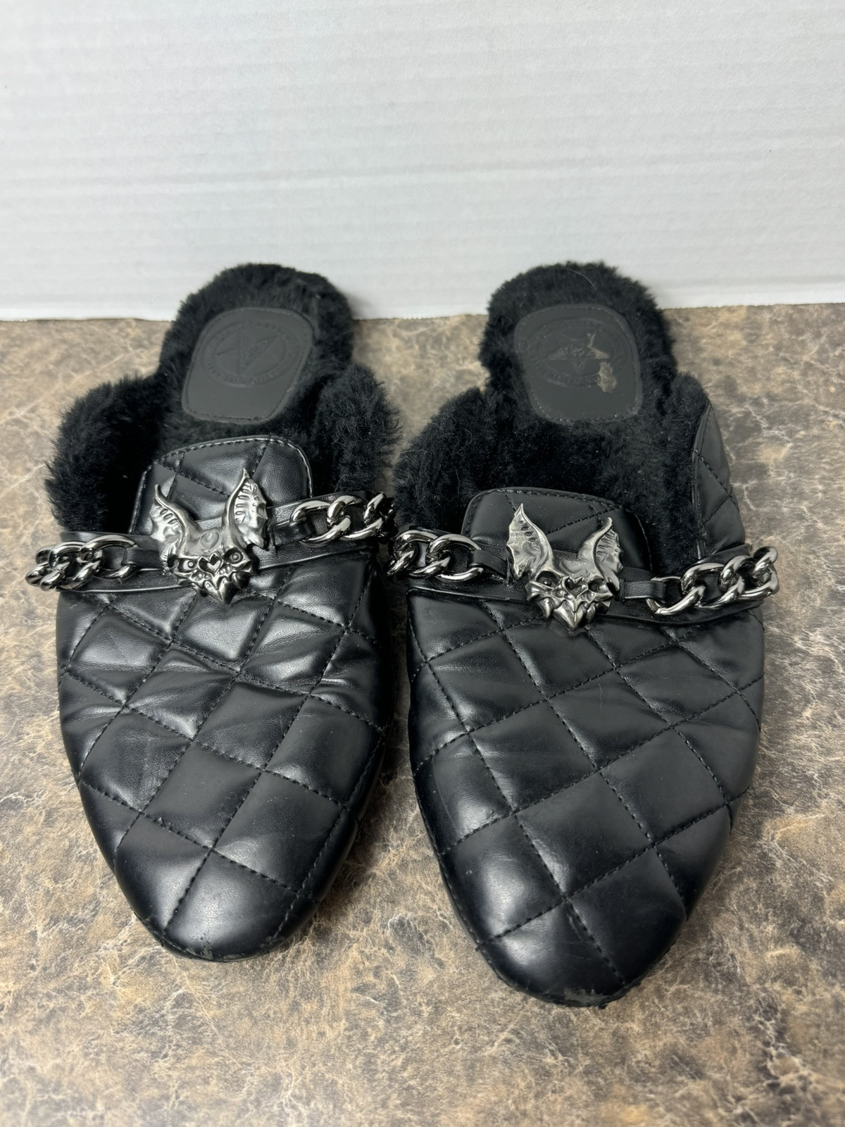 Blackcraft Cult Women’s Black Mules Quilted Black Bat Faux Fur Women’s 9 Salem