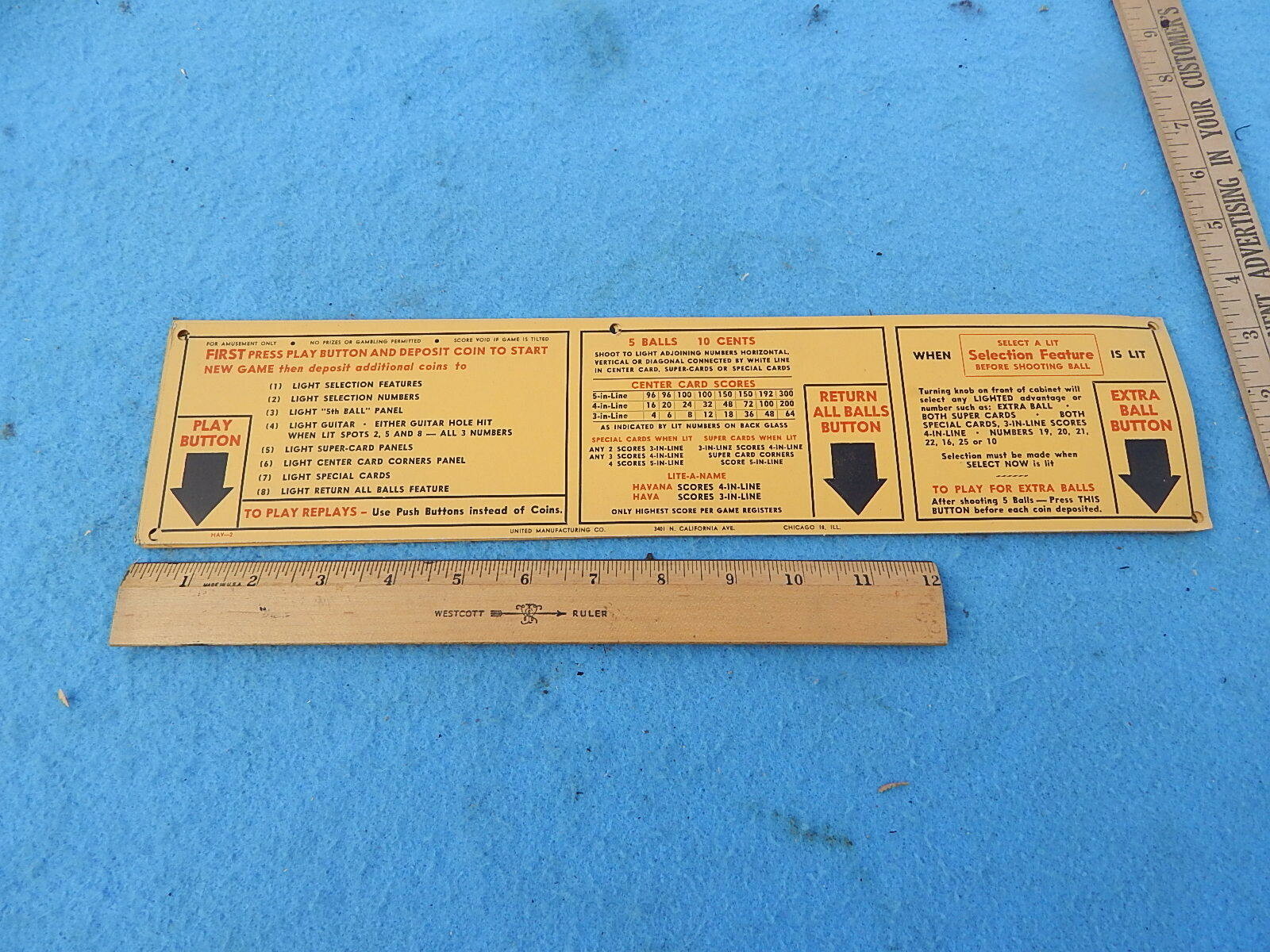 1954 United HAVANA Instruction & Award Card ~ 4 by 16 inches