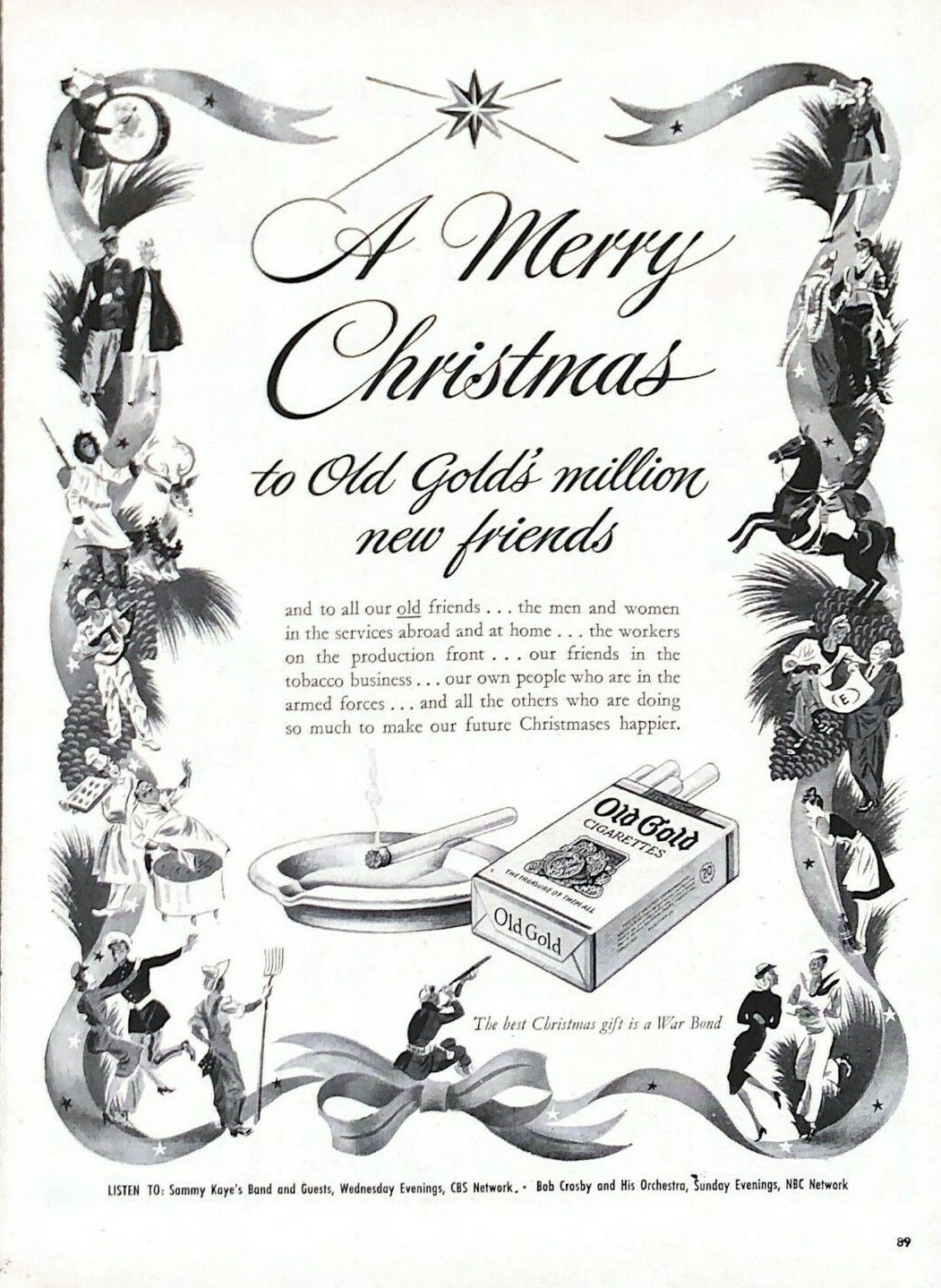 1943 Old Gold Cigarettes Vintage Print Ad WWII Christmas Million New Friends