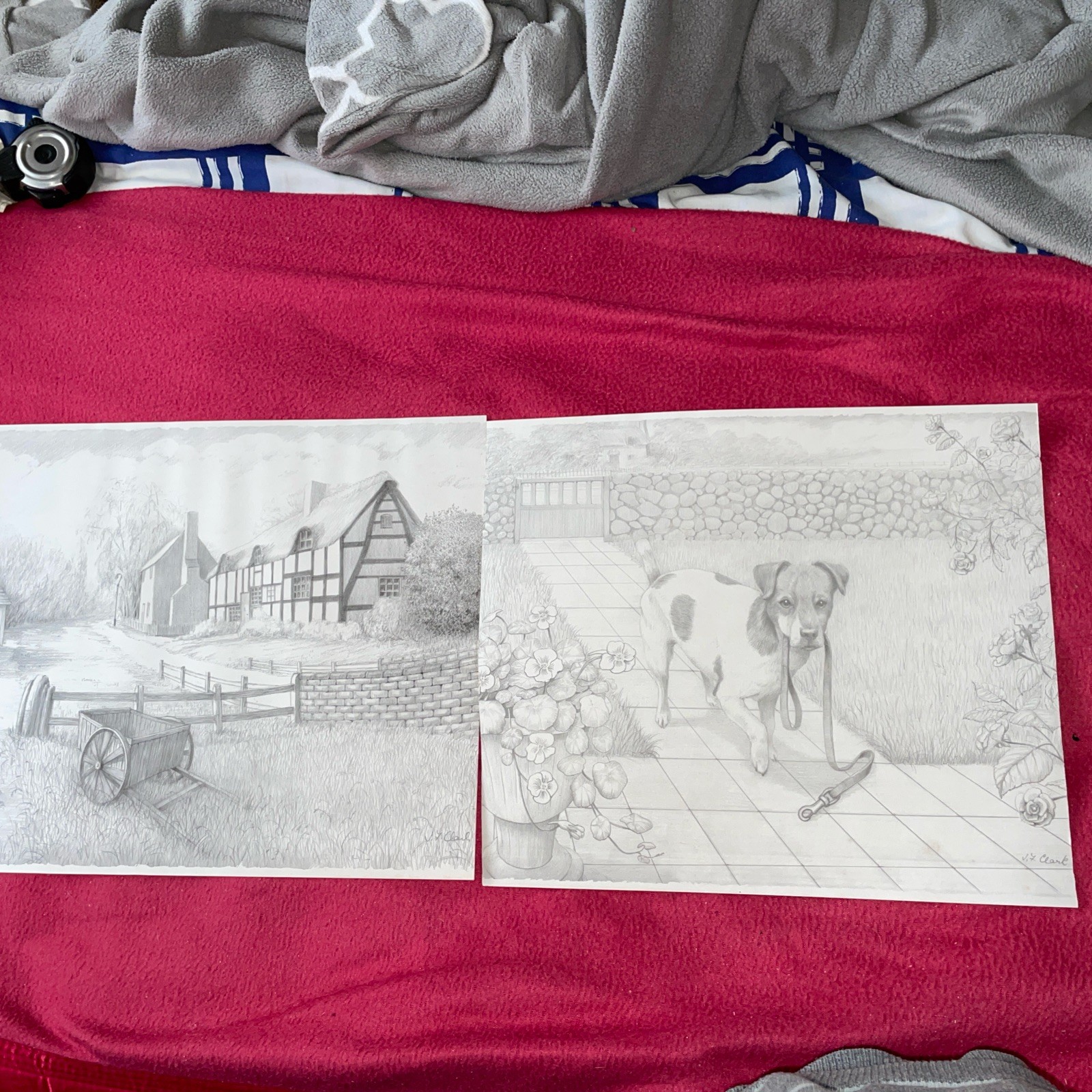 X2 Pencil Drawing, Dog With Lead And Old House Signed. Pre Owned 13”x12”