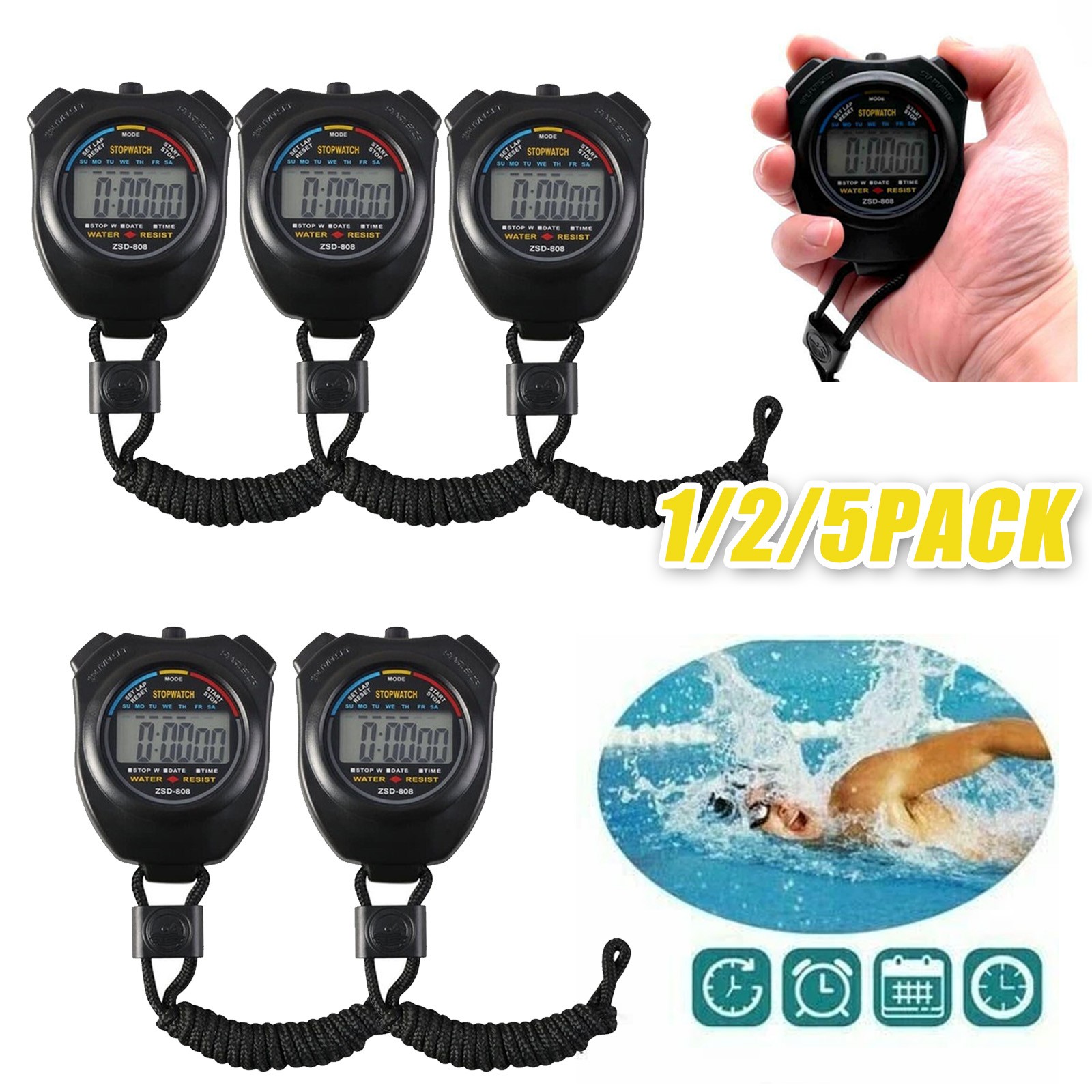 1/2/5PACK LCD Digital Timer Stop Watch Sports Odometer Waterproof Stopwatch USA