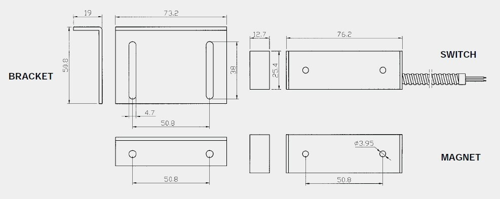 Surface Mount Metal Magnetic Door Contact w/ Protected Cable and Bracket