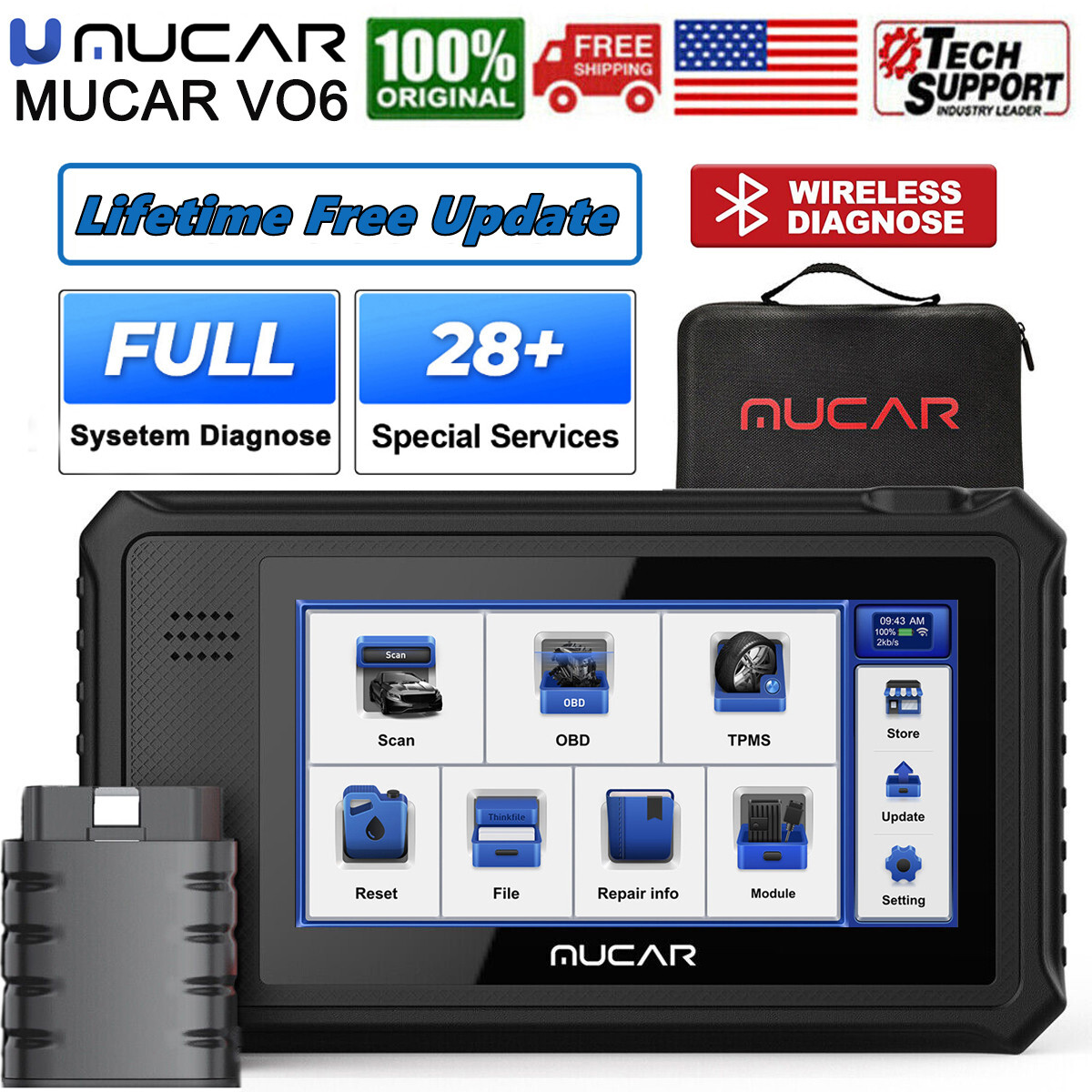 MUCAR OBD2 Scanner Diagnostic Tool All System IMMO Key Cod-ing Reader ABS TPM
