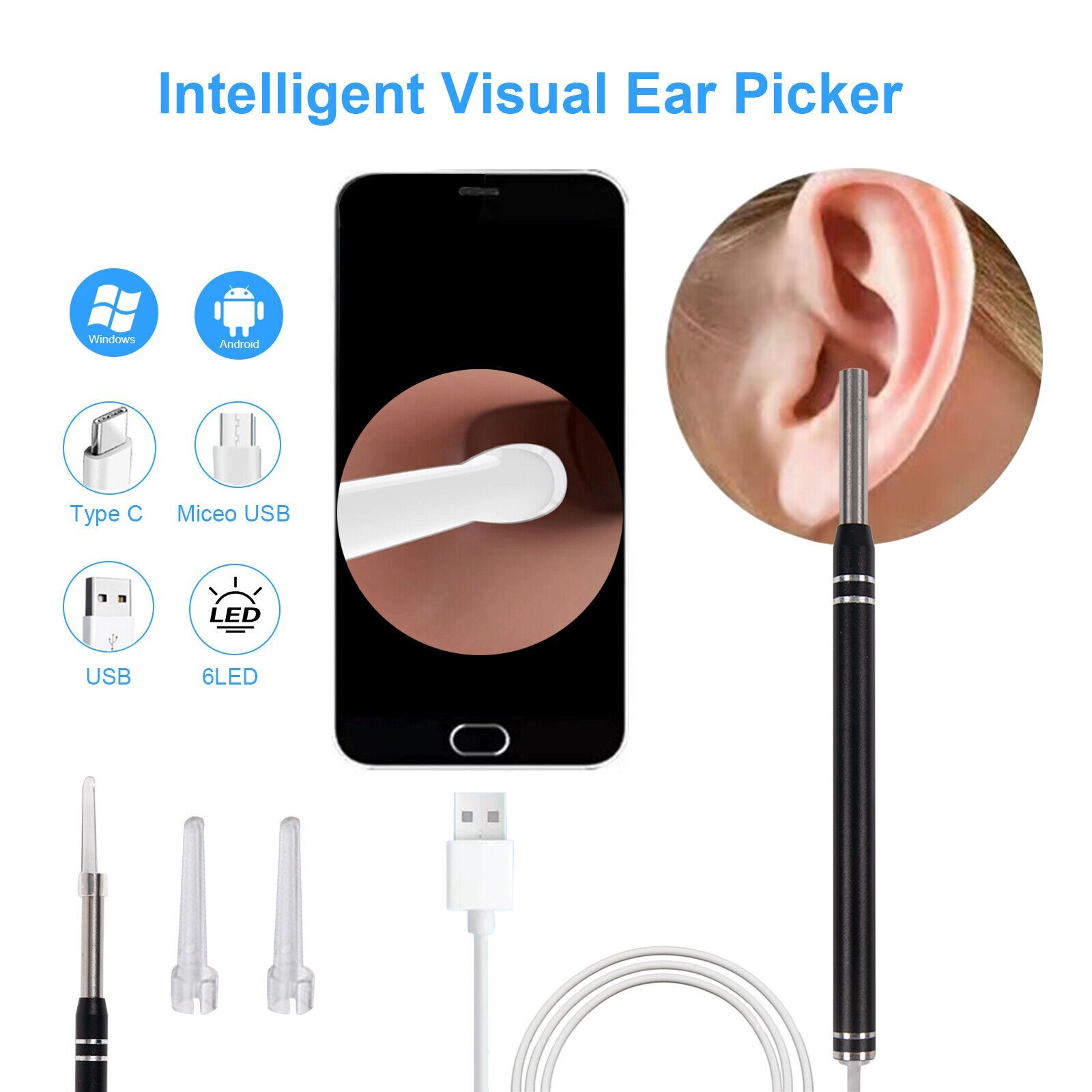 LED Ear Endoscope HD Otoscope Ear Wax Cleaning Camera Tool Cleaner Removal Kit