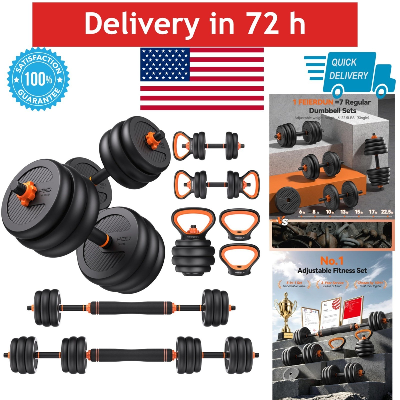 FEIERDUN Adjustable Dumbbells Set 20-90lbs, 5-in-1 Weight Training