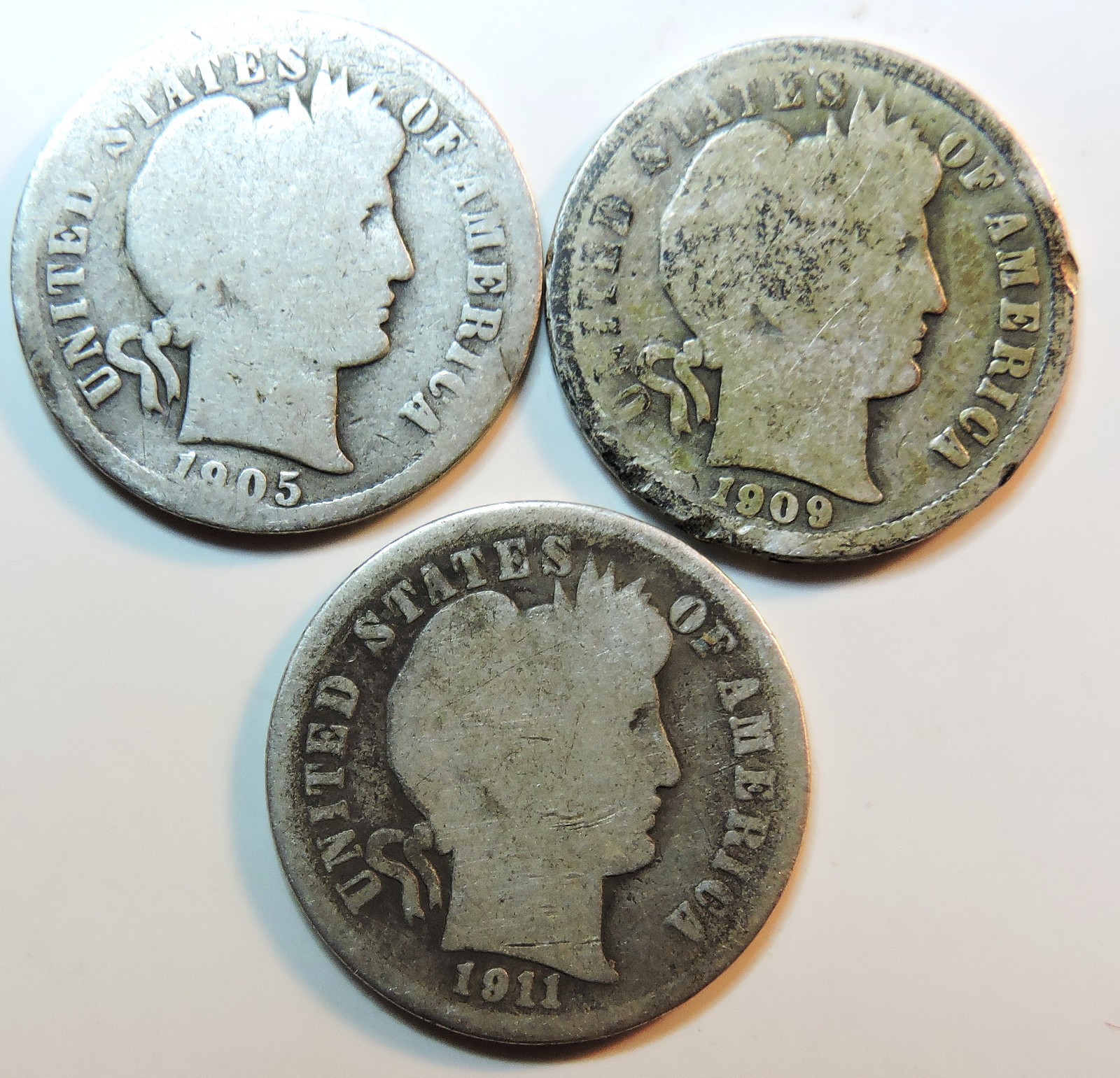 1905, 1909 & 1911 D Silver Barber Dimes