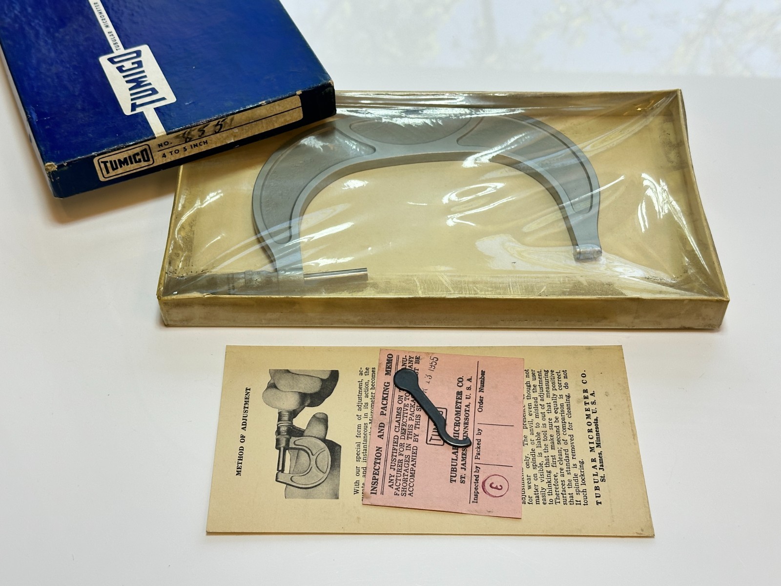 NOS Tumico (Saint James MINN) 4-5 Inch Tubular Micrometer, Sealed In Box & Paper