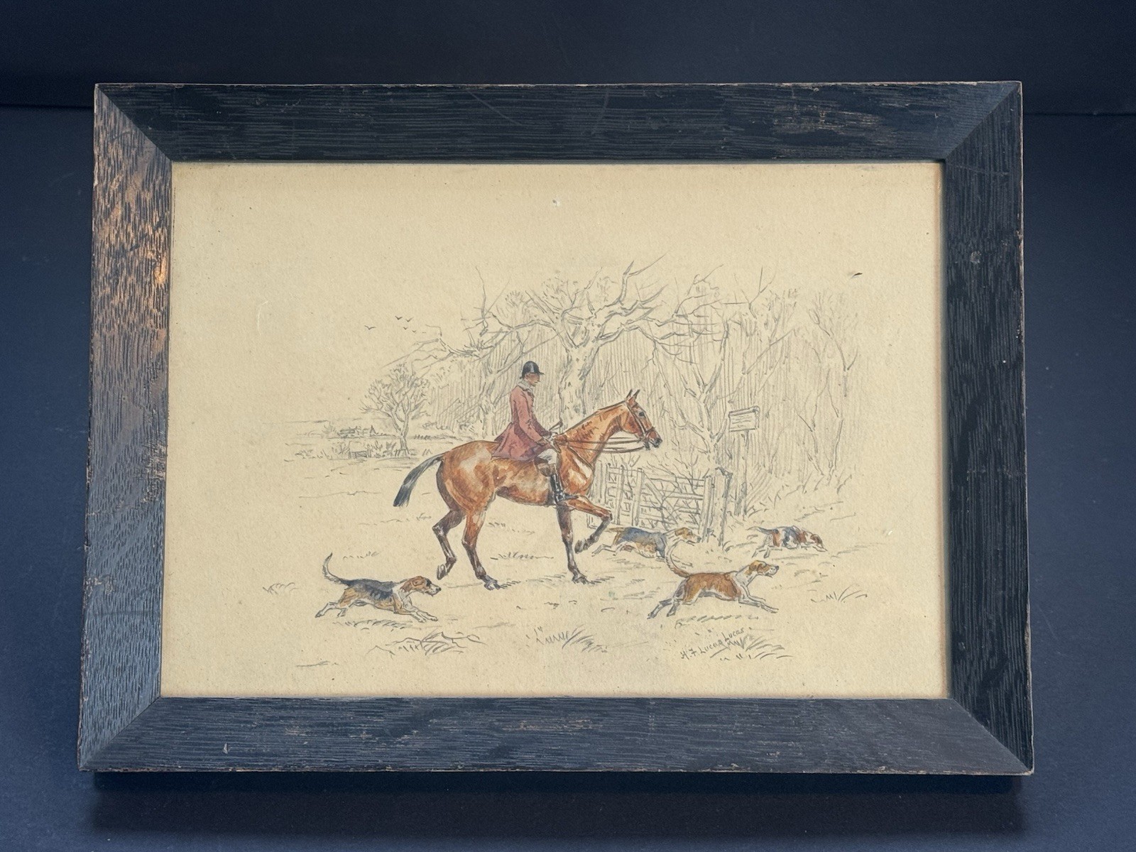 Edwardian Pencil Water Colour Drawing Of A Hunting Seen Hounds And Huntsman
