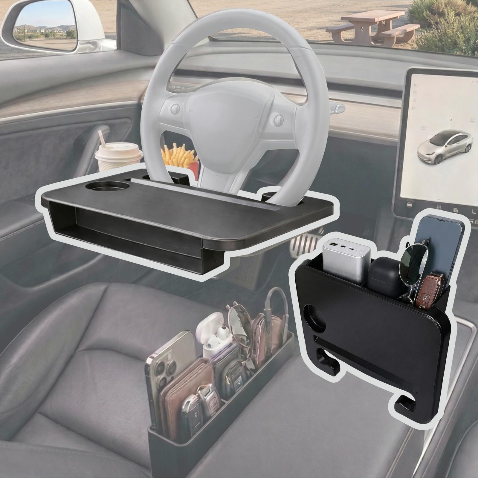 Car Seat Gap Organizer with Steering Wheel Tray, 2-in-1 Anti-Drop Storage Fil...